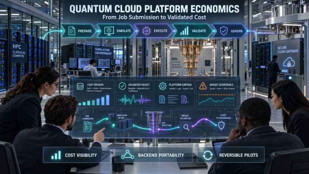 Enterprise team reviewing quantum cloud costs, simulator workloads, QPU execution, classical HPC, validation, governance, and backend portability.