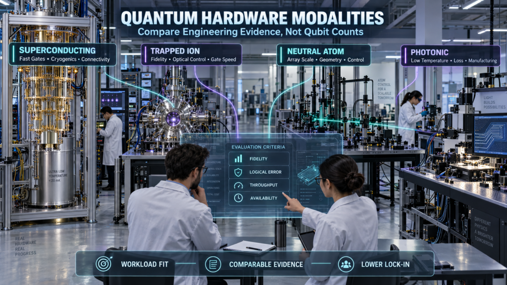 Quantum researchers comparing superconducting, trapped-ion, neutral-atom, and photonic computing systems inside one advanced laboratory.