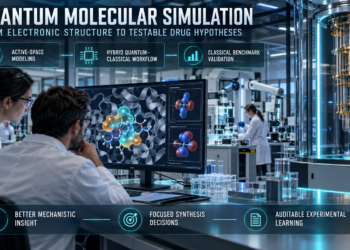 Pharmaceutical researchers using quantum molecular simulation to analyze protein-ligand interactions through a hybrid quantum-classical workflow.