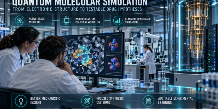 Pharmaceutical researchers using quantum molecular simulation to analyze protein-ligand interactions through a hybrid quantum-classical workflow.