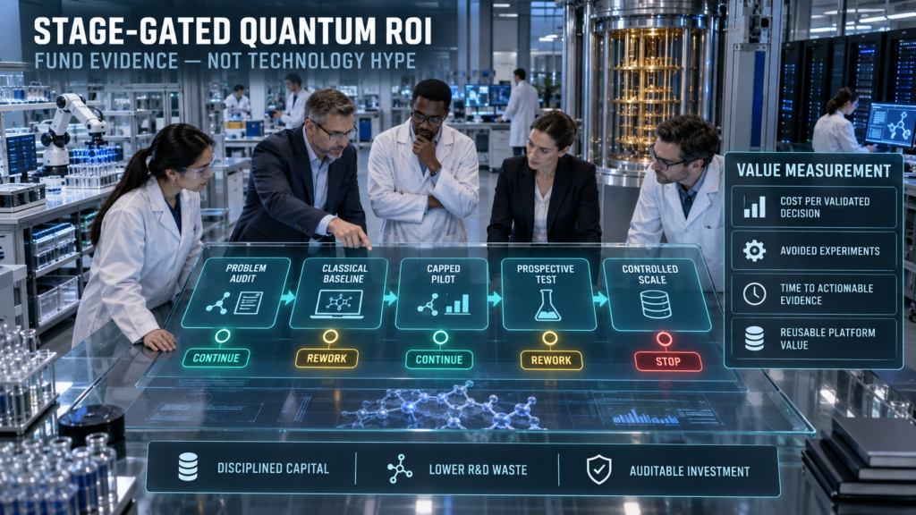 Pharmaceutical and technology leaders evaluating quantum molecular simulation through classical baselines, capped pilots, prospective testing, and controlled scaling.