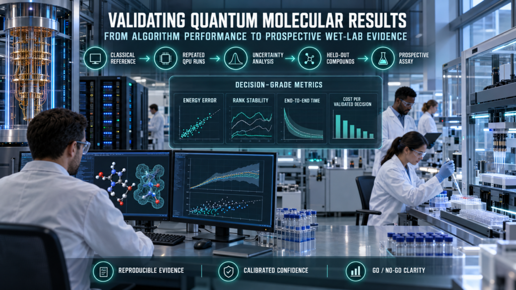 Scientists validating quantum molecular simulation results against classical references, repeated QPU runs, uncertainty analysis, held-out compounds, and prospective laboratory assays.