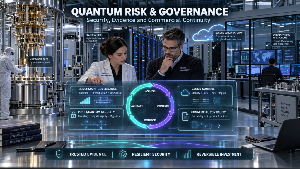 Quantum program lead and security architect reviewing benchmark governance, post-quantum migration, cloud controls, and commercial continuity inside a quantum-computing facility.