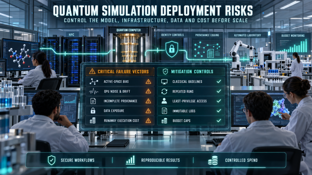 Pharmaceutical operations team managing quantum simulation risks including active-space bias, QPU noise, incomplete provenance, data exposure, and uncontrolled execution costs.