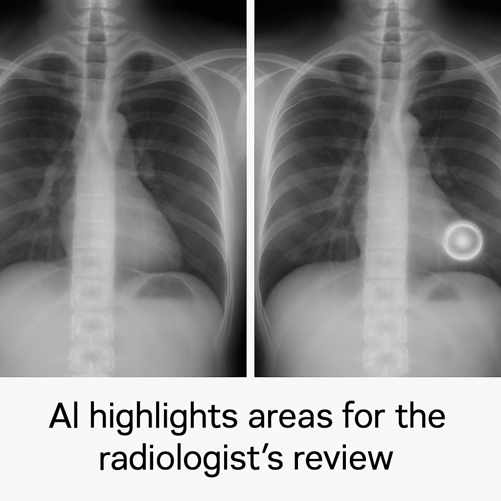 Chest X-ray comparison showing AI highlighting abnormal area to assist radiologist review in a U.S. healthcare setting.