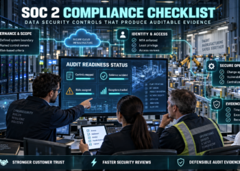 Cybersecurity, compliance, and operations leaders reviewing SOC 2 access controls, secure operations, audit evidence, and risk status inside a smart manufacturing facility.