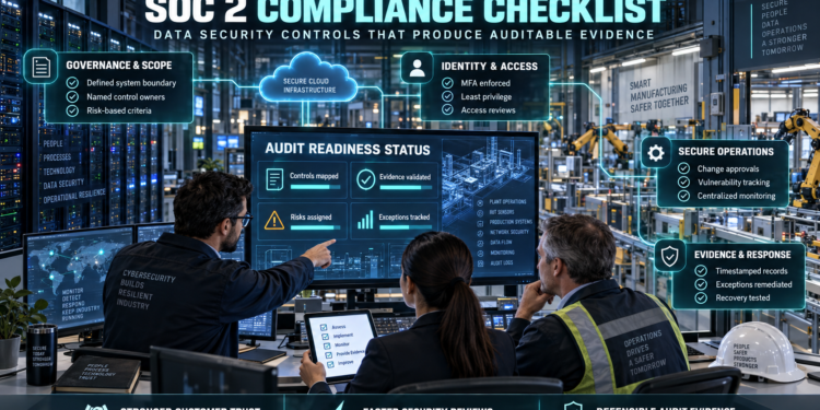 Cybersecurity, compliance, and operations leaders reviewing SOC 2 access controls, secure operations, audit evidence, and risk status inside a smart manufacturing facility.