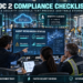 Cybersecurity, compliance, and operations leaders reviewing SOC 2 access controls, secure operations, audit evidence, and risk status inside a smart manufacturing facility.