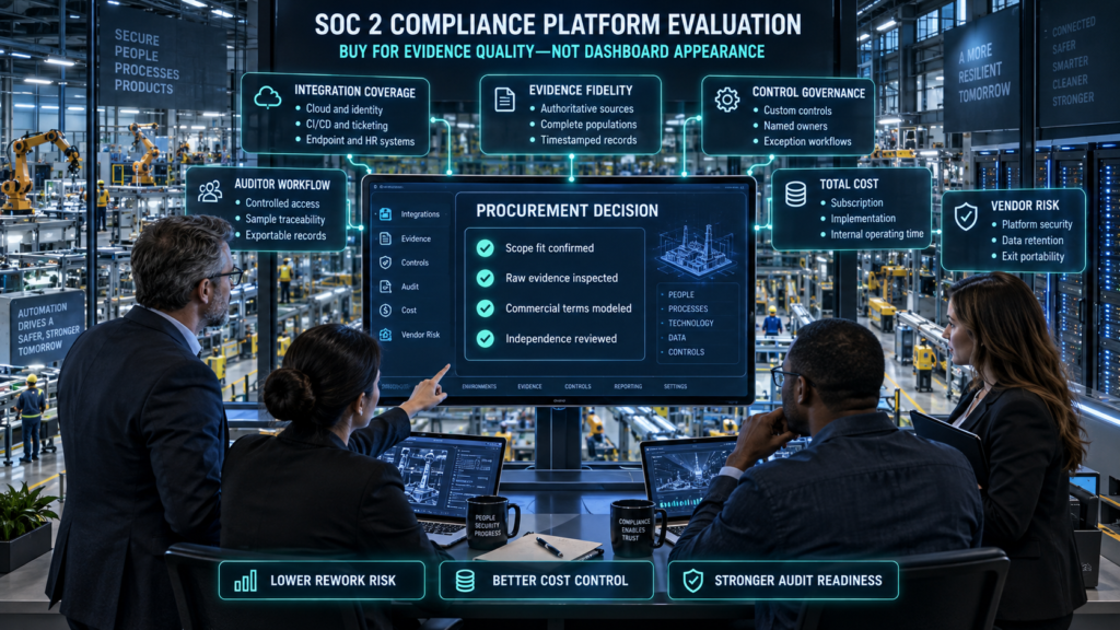 Technology, cybersecurity, compliance, and procurement leaders evaluating SOC 2 software integrations, evidence quality, control governance, auditor workflow, total cost, and vendor risk inside a smart factory.