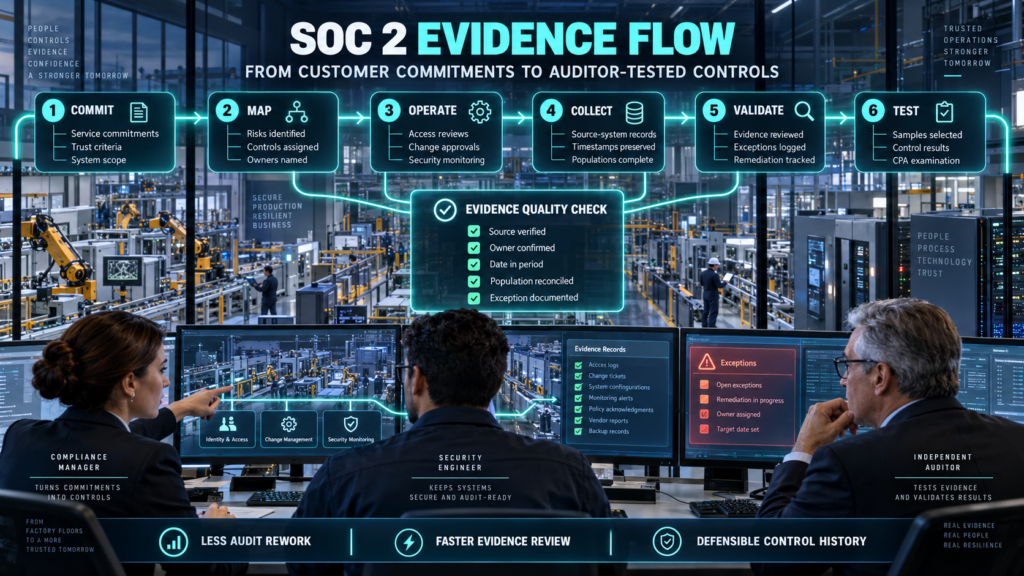 Compliance manager, security engineer, and independent auditor reviewing a six-stage SOC 2 evidence flow inside a smart-factory cybersecurity operations center.