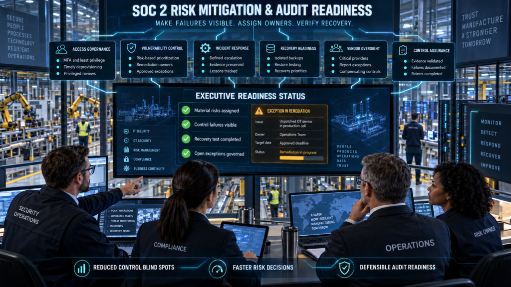 Security, compliance, operations, and risk leaders reviewing SOC 2 access governance, vulnerabilities, incident response, recovery, vendor oversight, control assurance, and an actively managed exception.