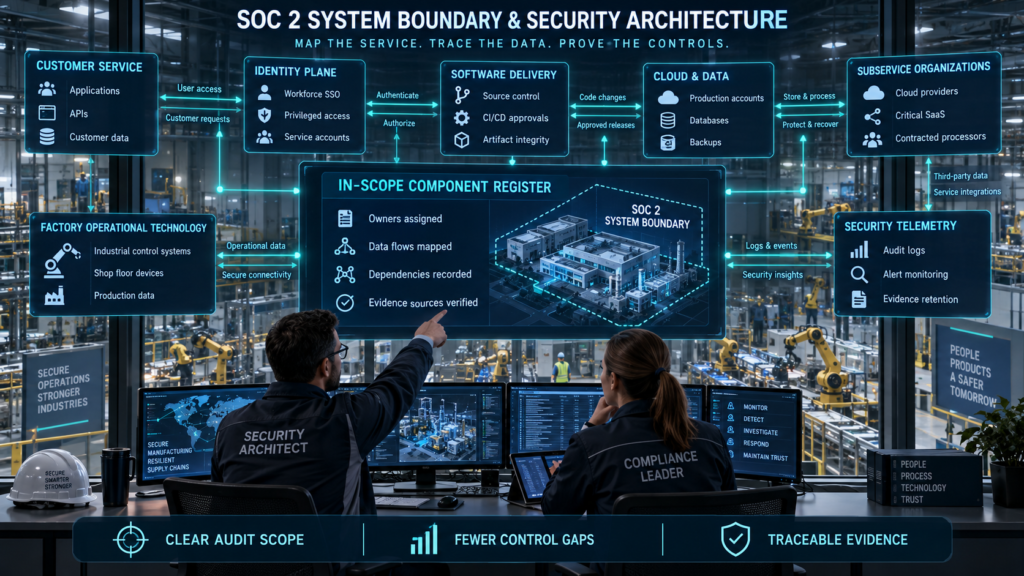 Security architect and SOC 2 compliance leader reviewing connected customer services, identity systems, CI/CD, cloud infrastructure, factory technology, audit logs, and third-party services within a SOC 2 system boundary.
