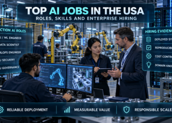 AI professionals reviewing production systems in a smart factory, with overlays listing AI roles and hiring skills.