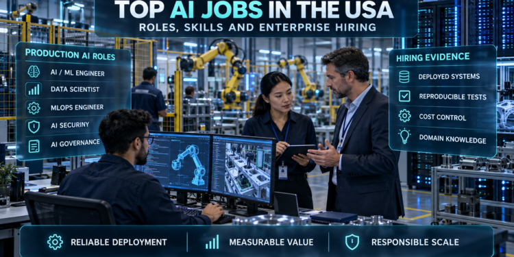 AI professionals reviewing production systems in a smart factory, with overlays listing AI roles and hiring skills.
