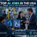 AI professionals reviewing production systems in a smart factory, with overlays listing AI roles and hiring skills.