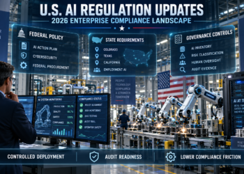 Executives reviewing AI regulatory risks, governance costs, remediation status, and deployment readiness inside an automated factory.