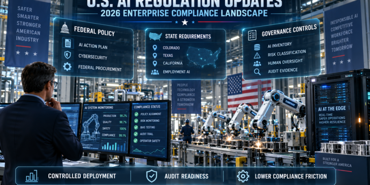 Executives reviewing AI regulatory risks, governance costs, remediation status, and deployment readiness inside an automated factory.