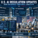 Executives reviewing AI regulatory risks, governance costs, remediation status, and deployment readiness inside an automated factory.