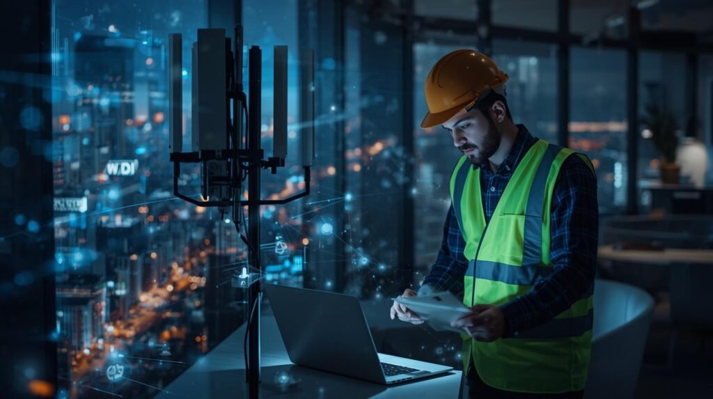 Telecom engineer managing 5G deployment technology near a cell tower in a modern smart city environment