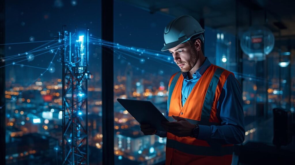 Telecom engineer managing 5G deployment technology near a cell tower in a modern smart city environment