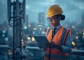Telecom engineer managing 5G deployment technology near a cell tower in a modern smart city environment