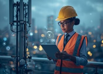 Telecom engineer managing 5G deployment technology near a cell tower in a modern smart city environment