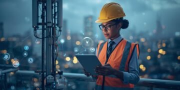 Telecom engineer managing 5G deployment technology near a cell tower in a modern smart city environment