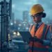 Telecom engineer managing 5G deployment technology near a cell tower in a modern smart city environment