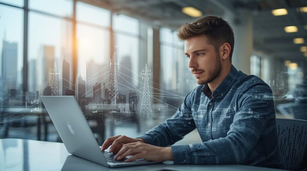 Real person using a device in a smart city environment with visible 5G and 6G connectivity infrastructure and data signals