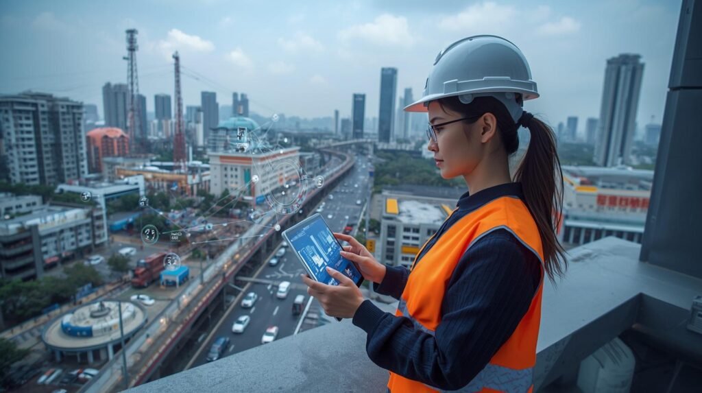 Telecom engineer planning 5G deployment strategies in a smart city with connected devices and network coverage analysis