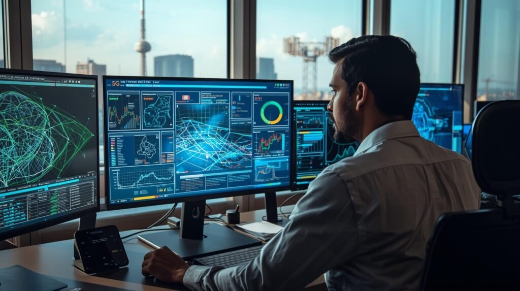 Telecom engineer analyzing 5G network deployment strategies with digital network maps and signal coverage in a modern office