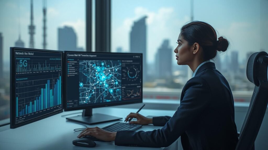 Telecom project manager reviewing 5G rollout plans with network coverage maps and deployment data in a modern office