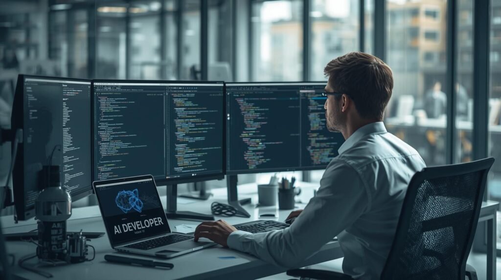 AI developer reviewing job positions and coding in a modern office with multiple screens displaying AI tools and code