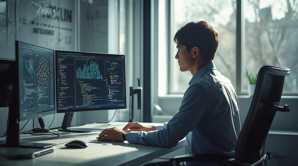 AI engineer working in a modern office with multiple screens showing code, data, and machine learning models