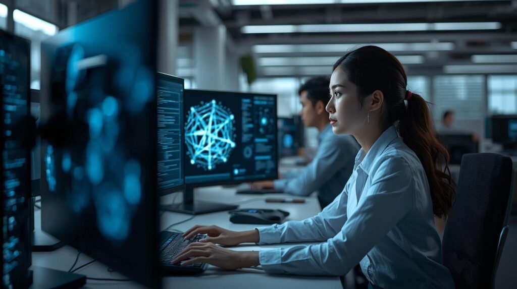 AI engineer working in a modern office with multiple screens showing code and machine learning models