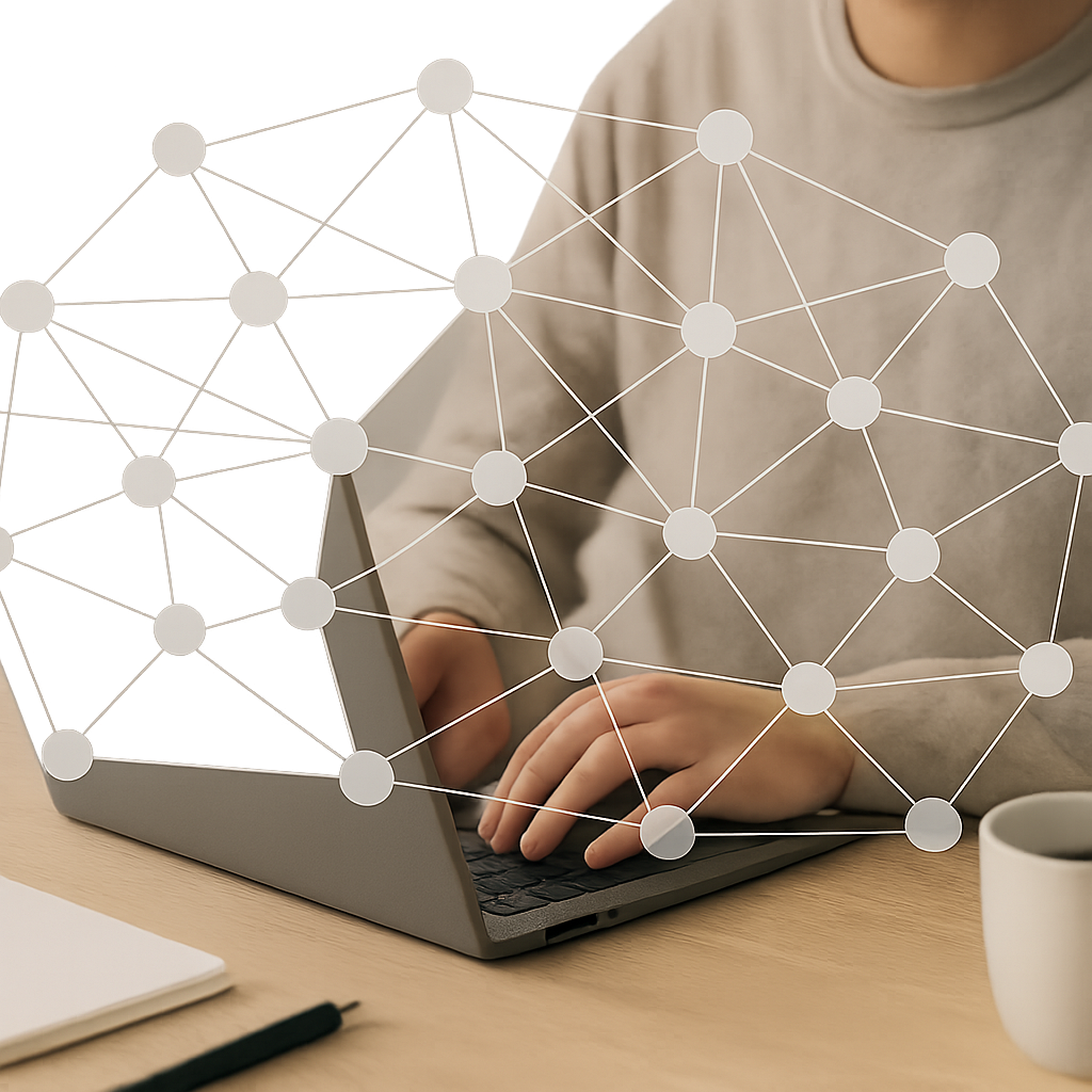 AI engineer working on a laptop with neural network visualization representing machine learning and artificial intelligence