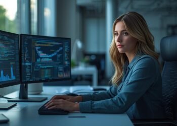 AI engineer working in a modern office with multiple screens showing code, data, and machine learning models