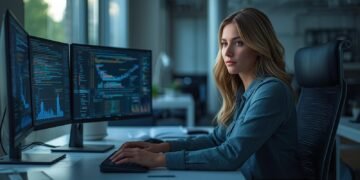 AI engineer working in a modern office with multiple screens showing code, data, and machine learning models