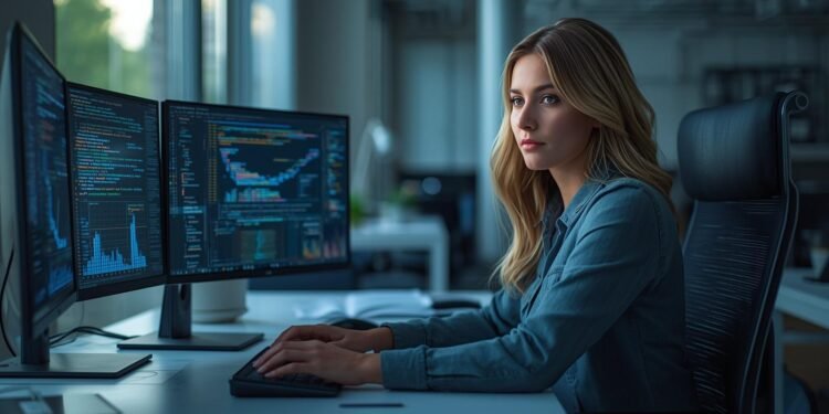AI engineer working in a modern office with multiple screens showing code, data, and machine learning models