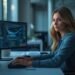 AI engineer working in a modern office with multiple screens showing code, data, and machine learning models