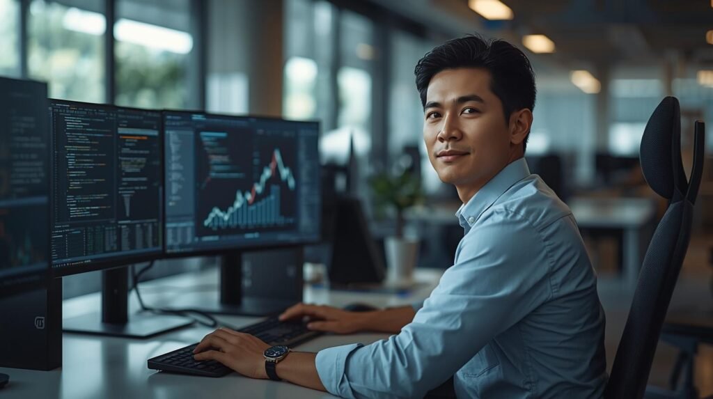 AI engineer working in a modern office with screens displaying code and machine learning models representing AI engineering careers
