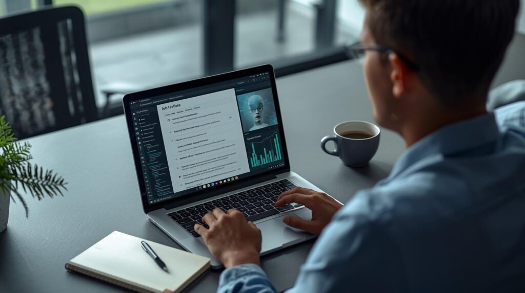 Real person reviewing AI job descriptions on a laptop in a modern office workspace