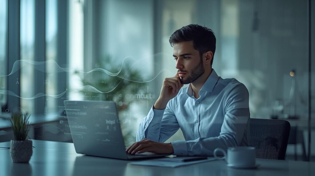 Professional using AI language models with flowing text visuals in a modern workspace