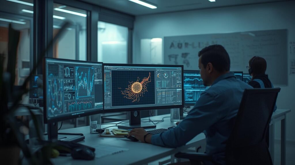 Real person conducting AI research in India using machine learning models and data analysis in a modern lab environment