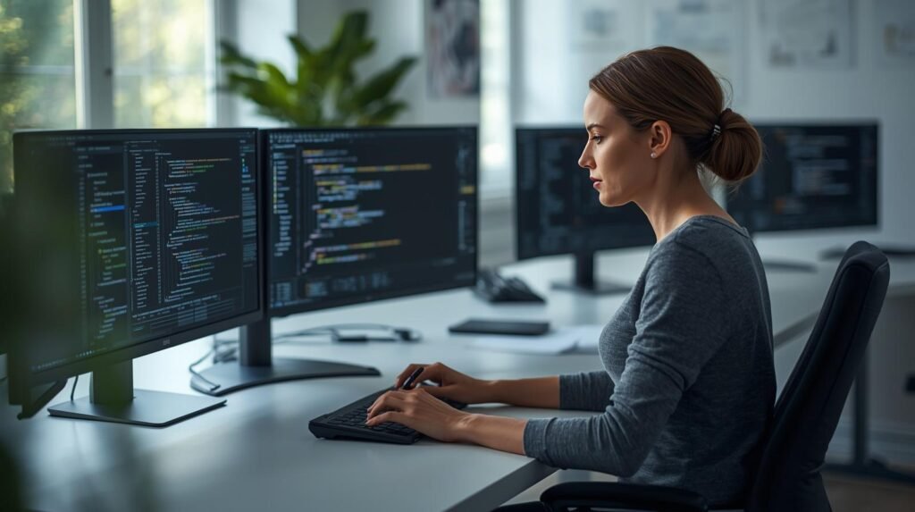 AI software engineer coding in a modern office with multiple screens displaying algorithms and development tools