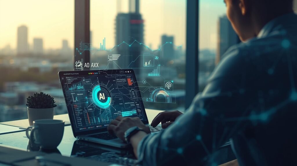 Real person using AI solutions in India with dashboards and automation tools in a modern workplace