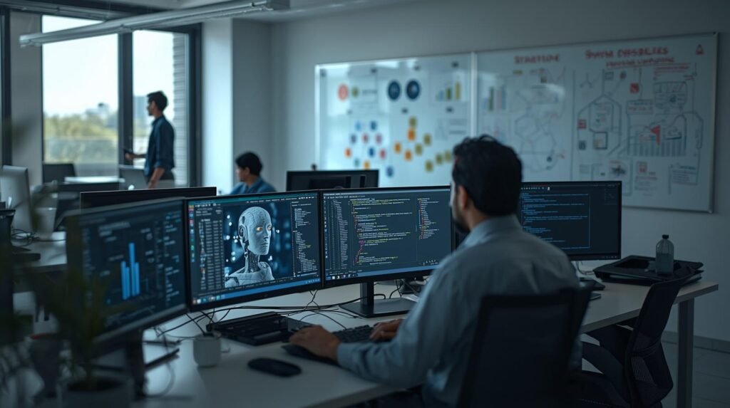 Real person working in an AI startup in India with screens showing AI models, code, and business dashboards