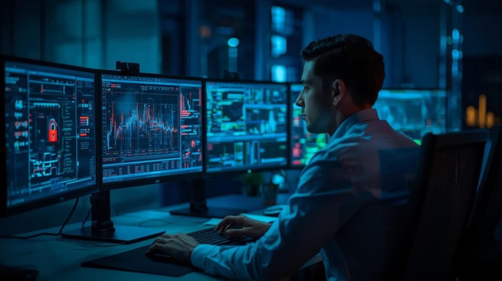 Cybersecurity analyst monitoring AI-powered threat detection systems in a modern security operations center