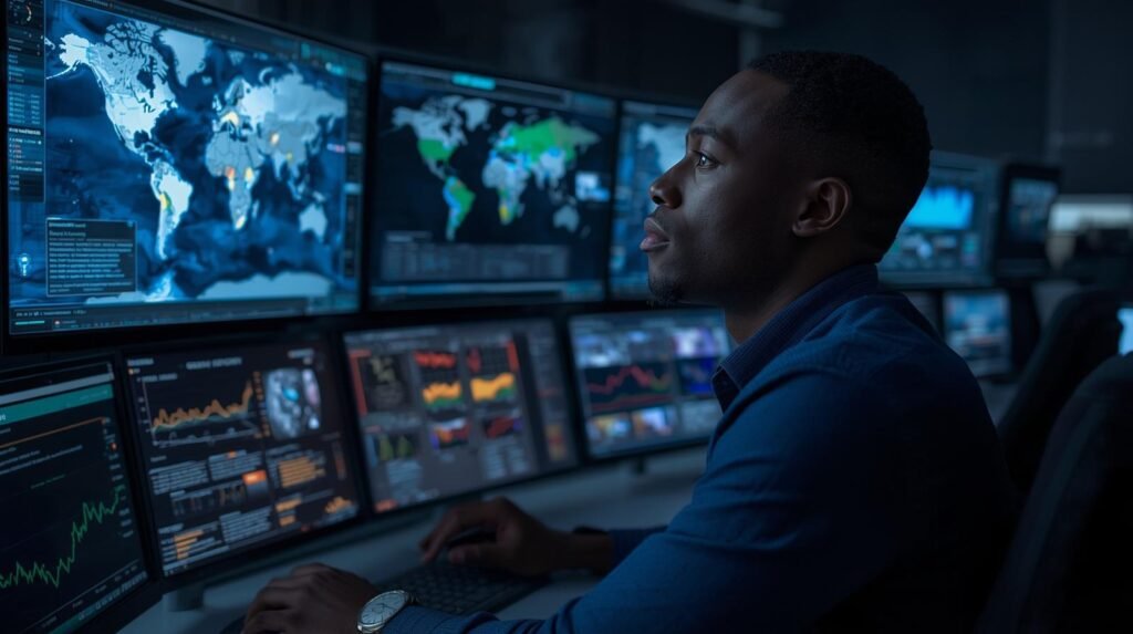 Security analyst using AI-powered systems in a modern operations center for national security monitoring