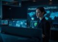 Security analyst using AI-powered systems in a modern operations center for national security monitoring